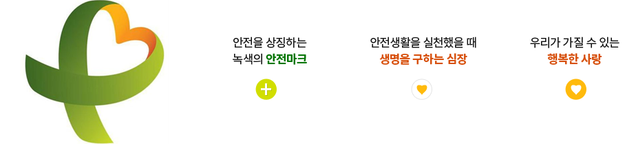 안전을 상징하는 녹색의 안전마크, 안전생활을 실천했을 때 생명을 구하는 심장, 우리가 가질 수 있는 행복한 사랑