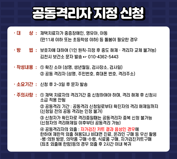 공동격리자 지정 신청 대상: 재택치료자가 중증장애인, 영유아, 아동(만11세 이하 또는 초등학생 이하)등 돌봄이 필요한 경우 방법: 보호자에 대하여(1인원칙-지정 후 중도 해제·격리자 교체 불가능) 김천시 보건소 문자 발송 ☞ 010-4362-5443 작성내용: 1. 확진 소아(성명, 생년월일, 검사장소, 검사일) 2. 공동격리자(성명, 주민번호, 휴대폰 번호, 격리주소) 소요기간: 신청 후 2~3일 후 문자 발송 주의사항: ① 재택 치료자의 격리기간 중 신청하여야 하며, 격리 해제 후 신청시 소급 적용 안됨 ② 공동격리 기간 : 공동격리 신청일로부터 확진자의 격리 해제일까지 (신청일 전의 공동 격리는 인정 불가) ③ 신청자가 확진자로 격리중일때는 공동격리자 중복 신청 불가능 (신청자의 격리해제일 이후부터 공동격리 가능) ④ 공동격리자의 외출 : 자가검진 키트 결과 음성인 경우에 한하여 제한적 외출 허용되나 비대면 진료, 온라인 구매 등 우선 활용 -병·의원 방문, 의약품 구매·수령, 식료품 구매, 자가검진키트구매 (최초 외출에 한함)등의 경우 외출 후 2시간 이내 복귀