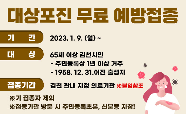 대상포진 무료 예방접종 기간 2023. 1. 9. (월) ~ 대상 65세 이상 김천시민 - 주민등록상 1년 이상 거주 - 1958. 12. 31.이전 출생자 접종기간 김천 관내 지정 의료기관 ※붙임참조 ※기 접종자 제외 ※접종기관 방문 시 주민등록초본, 신분증 지참!