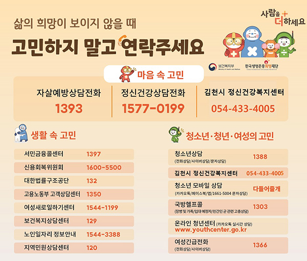 삶의 희망이 보이지 않을 때, 고민하지 말고 연락주세요. 사람을 더하세요 - 마음 속 고민 ∙ 자살예방상담전화 : 1393 ∙ 정신건강상담전화 : 1577-0199 ∙김천시 정신건강복지센터 : 054-433-4005 - 생활 속 고민 ∙ 서민금융콜센터 : 1397 ∙ 신용회복위원회 : 1600-5500 ∙ 대한법률구조공단 : 132 ∙ 고용노동부 고객상담센터 : 1350 ∙ 여성새로일하기센터 : 1544-1199 ∙ 보건복지상담센터 : 129 ∙ 노인일자리 정보 안내 : 1544-3388 ∙ 지역민원상담센터 : 120 - 청소년, 청년, 여성의 고민 ∙ 청소년상담(전화상담/사이버상담/문자상담) : 1388 ∙김천시 정신건강복지센터 : 054-433-4005 ∙ 청소년 모바일 상담(카카오톡/페이스북/앱/1661-5004 문자상담) : 다들어줄개 ∙ 국방헬프콜(징병 및 가족/입대예정자/민간인 군 관련 고충상담) : 1303 ∙ 온라인 청소년센터(카카오톡 실시간 상담) : www.youthcenter.go.kr ∙ 여성긴급전화(전화상담/사이버상담) : 1366