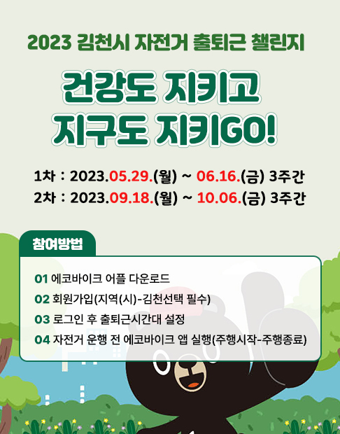 2023 김천시 자전거 출퇴근 챌린지 / 건강도 지키고 지구도 지키GO! / 1차 : 2023.05.29.(월) - 06.16.(금) 3주간 / 2차 : 2023.09.18.(월)~10.06.(금) 3주간 * 참여방법 : 01 에코바이크 어플 다운로드 02 회원가입(지역(시)-김천선택 필수) 03 로그인 후 출퇴근시간대 설정 04 자전거 운행 전 에코바이크 앱 실행(주행시작-주행종료)