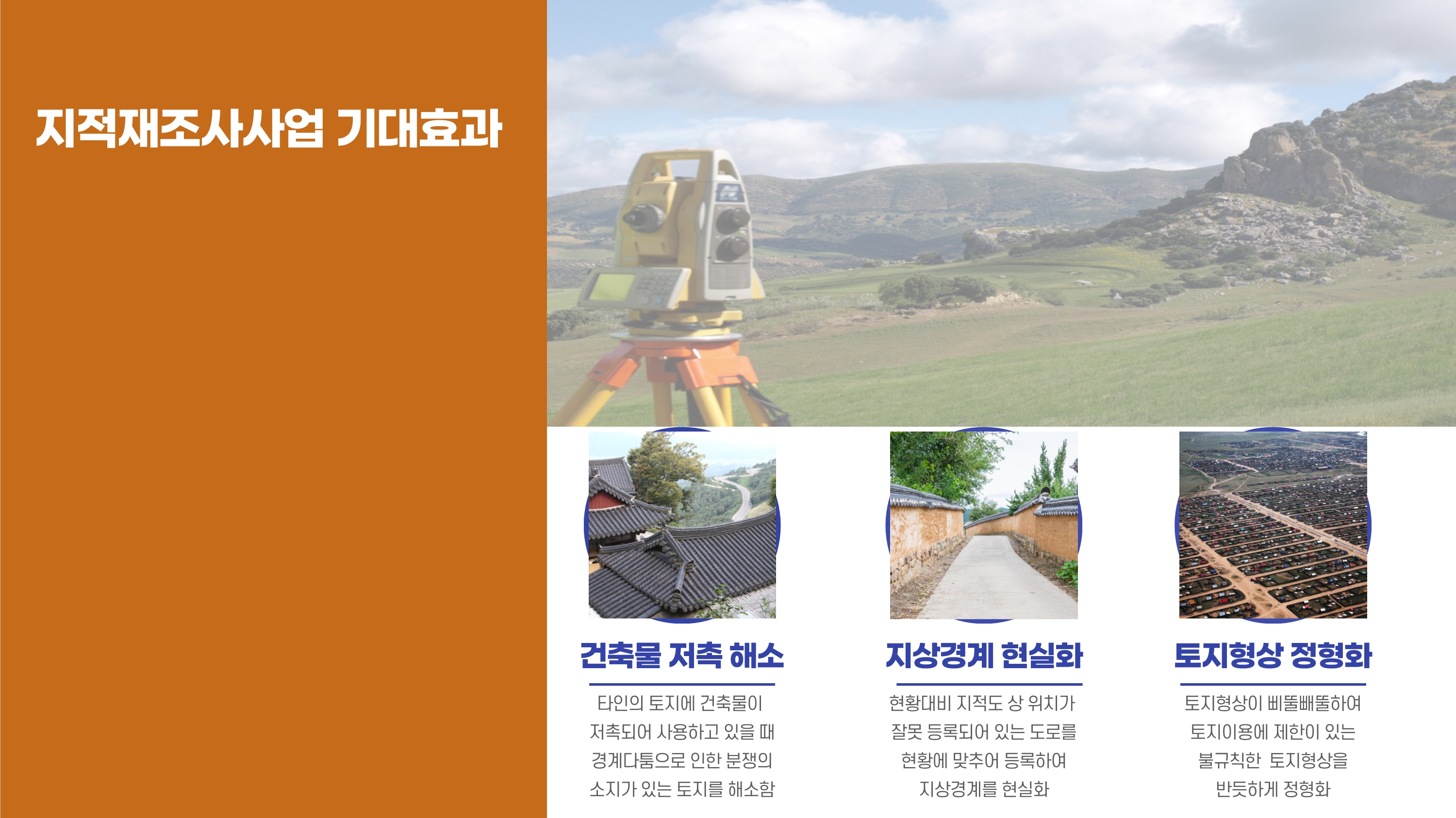 지적재조사사업 기대효과 : 건축물 저촉 해소(타인의 토지에 건축물이 저촉되어 사용하고 있을 때 경계다툼으로 인한 분쟁의 소지가 있는 토지를 해소함), 지상경계 현실화(현황대비 지적도 상 위치가 잘못 등록되어 있는 도로를 현황에 맞추어 등록하여 지상경계를 현실화), 토지형상 정형화(토지형상이 삐뚤삐뚤하여 토지이용에 제한이 있는 불규칙한 토지형상을 반듯하게 정형화