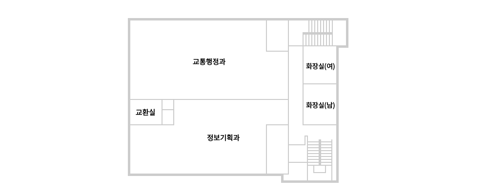 오른쪽 위 계단을 기준으로 시계방향으로 화장실(여), 화장실(남), 정보기획과, 교환실, 교통행정과가 있습니다.