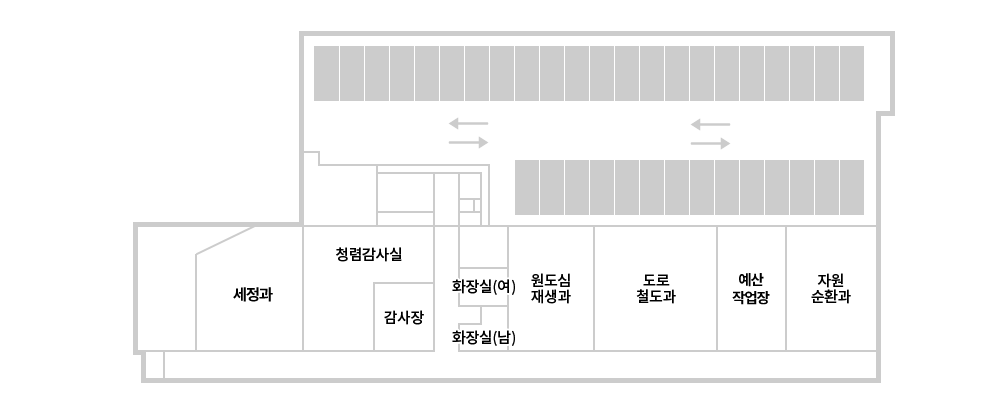 상단에 일반형 주차장이 있으며 그 아래로 확장형 주차장이 있습니다. 확장형 주차장 아래 오른쪽에서 왼쪽 방향으로 자원순환과, 예산작업장, 도로철도과, 원도심재생과, 화장실(여), 화장실(남), 감사장, 청렴감사실, 세정과가 위치해 있습니다.