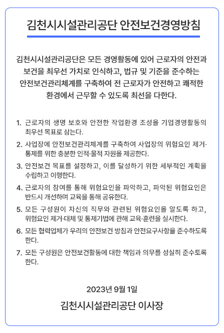김천시시설관리공단 안전보건경영방침 김천시시설관리공단은 모든 경영활동에 있어 근로자의 안전과 보건을 최우선 가치로 인식하고, 법규 및 기준을 준수하는 안전보건관리체계를 구축하여 전 근로자가 안전하고 쾌적한 환경에서 근무할 수 있도록 최선을 다한다. 1. 근로자의 생명 보호와 안전한 작업환경 조성을 기업경영활동의 최우선 목표로 삼는다. 2. 사업장에 안전보건관리체계를 구축하여 사업장의 위험요인 제거·통제를 위한 충분한 인적·물적 자원을 제공한다. 3. 안전보건 목표를 설정하고, 이를 달성하기 위한 세부적인 계획을 수립하고 이행한다. 4. 근로자의 참여를 통해 위험요인을 파악하고, 파악된 위험요인은 반드시 개선하며 교육을 통해 공유한다. 5. 모든 구성원이 자신의 직무와 관련된 위험요인을 알도록 하고, 위험요인 제거·대체 및 통제기법에 관해 교육·훈련을 실시한다. 6. 모든 협력업체가 우리의 안전보건 방침과 안전요구사항을 준수하도록 한다. 7. 모든 구성원은 안전보건활동에 대한 책임과 의무를 성실히 준수토록 한다. 2023년 9월 1일 김천시시설관리공단 이사장