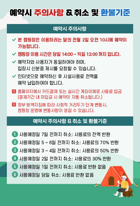 예약시 주의사항 & 취소 및 환불기준 / 예약시 주의사항 : 본 캠핑장은 이용하려는 달의 전월 2일 오전 9시에 예약이 가능합니다. 캠핑장 이용 시간은 당일 14:00 ~ 익일 12:00 까지 입니다. 예약자와 사용자가 동일하여야 하며, 입장시 신분증 제시를 요청할 수 있습니다. 인터넷으로 예약하신 후 시설사용료 전액을 예약 납입하여야 합니다. 홈페이지에서 카드결제 또는 실시간 계좌이체로 사용료 입금(결제기간 내 미입금 시 예약이 자동 취소됩니다.) 정부 방역지침에 따라 사회적 거리두기 단계 변동시, 캠핑장 운영에 변동사항이 생길 수 있습니다. / 예약시 주의사항 & 취소 및 환불기준 : 1. 사용예정일 7일 전까지 취소: 사용료의 전액 반환 2. 사용예정일 5 ~ 6일 전까지 취소: 사용료의 70% 반환 3. 사용예정일 3 ~ 4일 전까지 취소: 사용료의 50% 반환 4. 사용예정일 2일 전까지 취소: 사용료의 30% 반환 5. 사용예정일 1일 전까지 취소: 사용료 반환 없음 6. 사용예정일 당일 취소: 사용료 반환 없음
