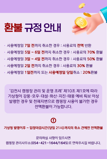 환불 규정 안내 - 사용예정일 7일 전까지 취소한 경우 : 사용료의 전액 반환 - 사용예정일 5일 ~ 6일 전까지 취소한 경우 : 사용료의 70% 환불 - 사용예정일 3일 ~ 4일 전까지 취소한 경우 : 사용료의 50% 환불 - 사용예정일 2일 전까지 취소한 경우 : 사용료의 30% 환불 - 사용예정일 1일전까지 또는 사용예정일 당일취소 : 20%환불 '김천시 캠핑장 관리 및 운영 조례' 제10조 제1호에 따라 기상청이 강풍·호우·대설·화산·지진·태풍 예비 특보 이상 발령한 경우 및 천재지변으로 캠핑장 사용이 불가한 경우 전액환불이 가능합니다. ※기상청 발령이후 ~ 입장마감시간(당일 21시)까지의 취소 건에만 전액환불 문의하실 사항이 있으시면 캠핑장 관리사무소(054-421-1644/1645)로 연락주시길 바랍니다.