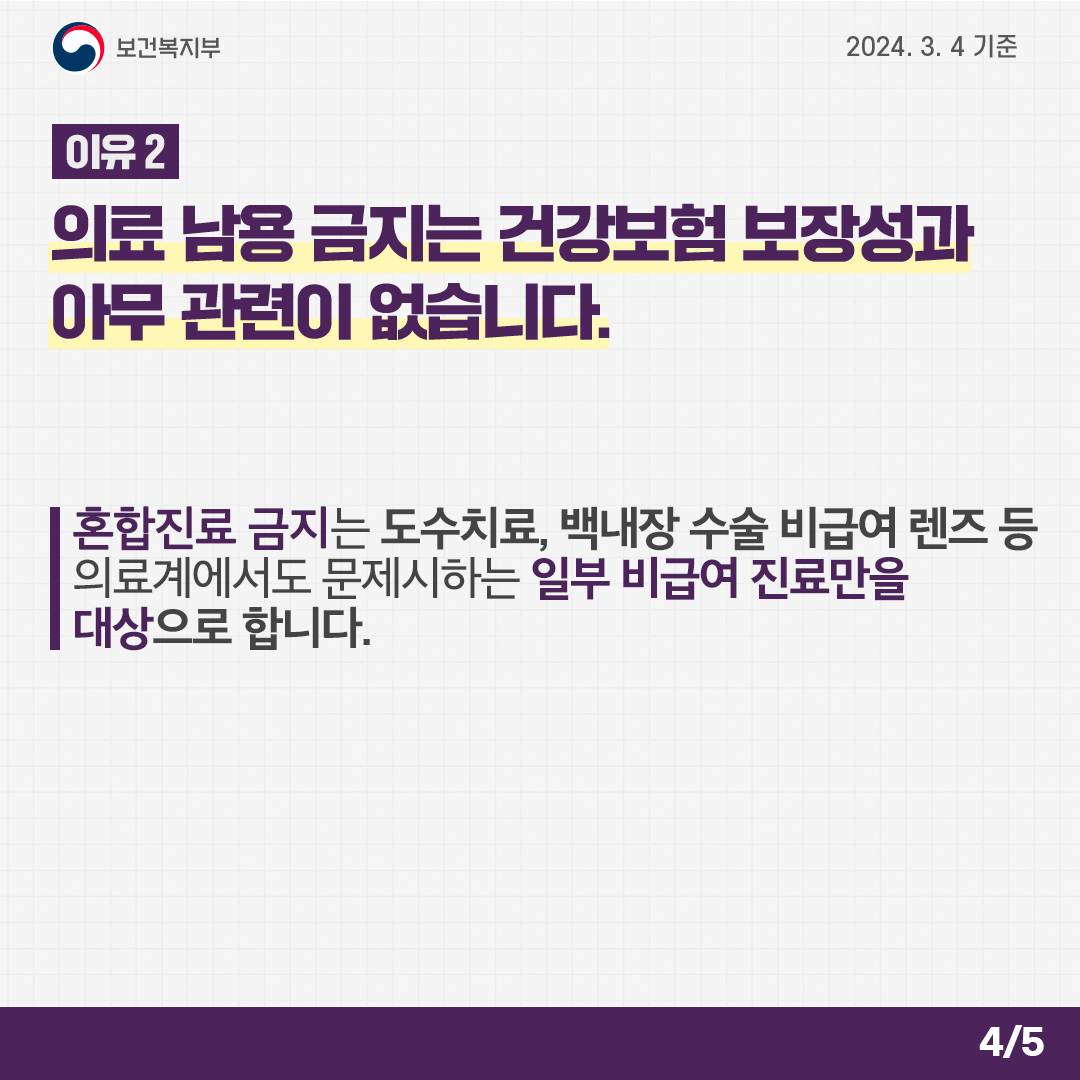 [보건복지부 2024. 3. 4 기준] 이유2 의료 남용 금지는 건강보험 보장성과 아무 관련이 없습니다. 혼합진료 금지는 도수치료, 백내장 수술 비급여 렌즈 등 의료계에서도 문제시하는 일부 비급여 진료만을 대상으로 합니다. (4/5)