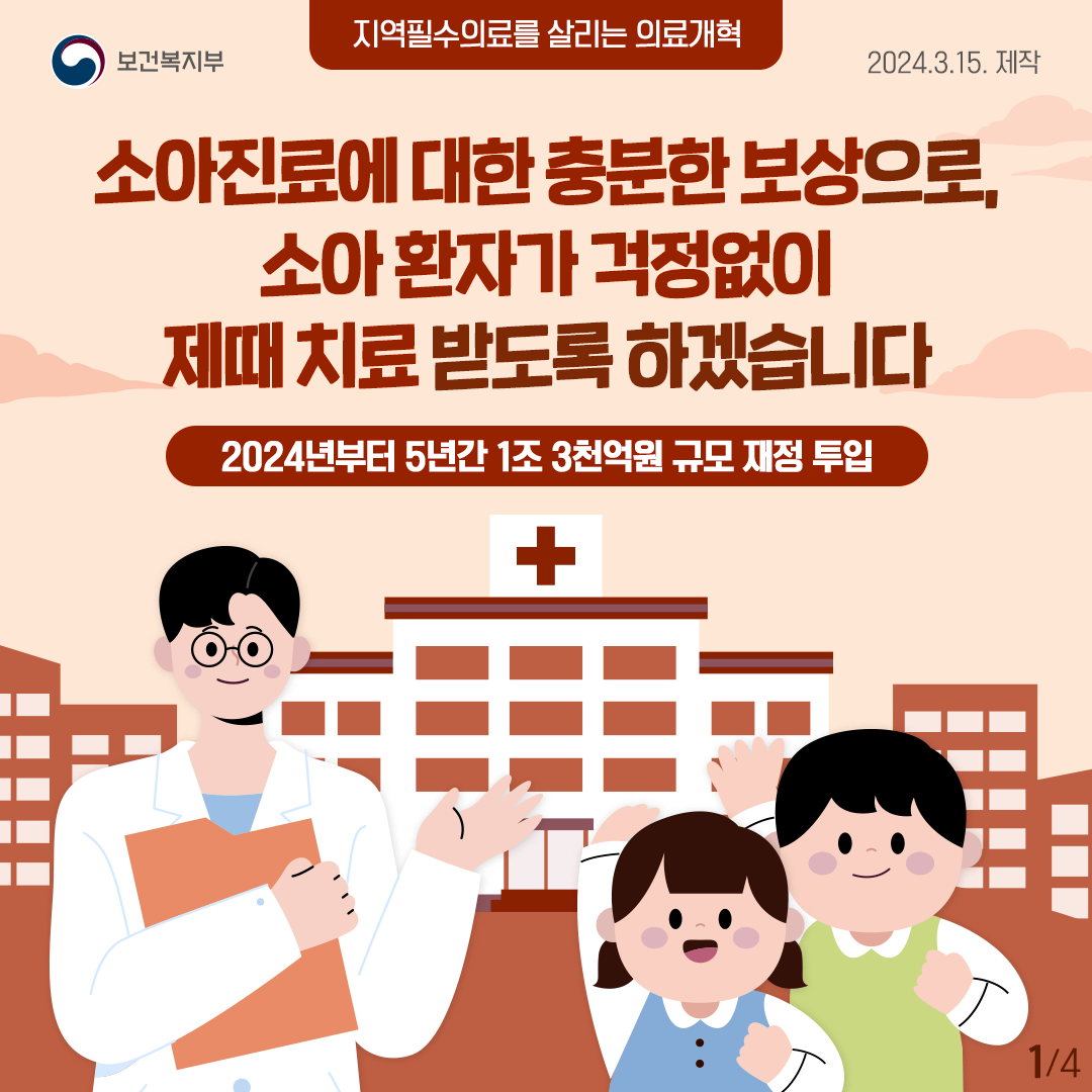 [보건복지부 - 지역필수의료를 살리는 의료개혁, 2024.3.15. 제작] 소아진료에 대한 충분한 보상으로, 소아 환자가 걱정없이 제때 치료 받도록 하겠습니다. 2024년부터 5년간 1조 3천억원 규모 재정 투입 (1/4)