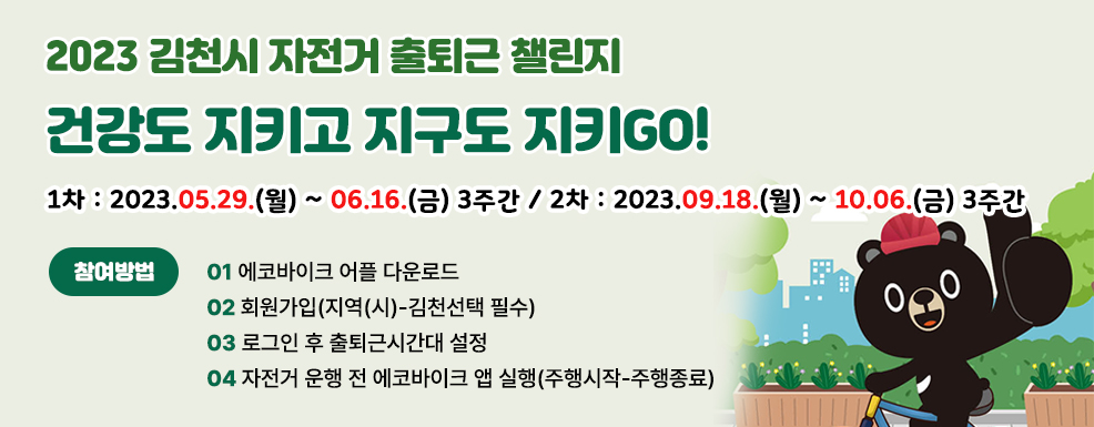 2023 김천시 자전거 출퇴근 챌린지 / 건강도 지키고 지구도 지키GO! / 1차 : 2023.05.29.(월) - 06.16.(금) 3주간 / 2차 : 2023.09.18.(월)~10.06.(금) 3주간 * 참여방법 : 01 에코바이크 어플 다운로드 02 회원가입(지역(시)-김천선택 필수) 03 로그인 후 출퇴근시간대 설정 04 자전거 운행 전 에코바이크 앱 실행(주행시작-주행종료)