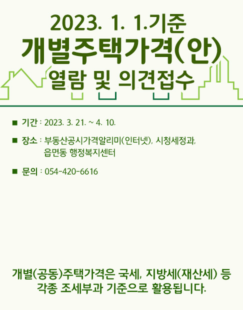 2023. 1. 1.기준 개별주택가격(안) 열람 및 의견접수 □ 기간 : 2023. 3. 21. ~ 4. 10. □ 장소 : 부동산공시가격알리미(인터넷), 시청세정과, 읍면동 행정복지센터 □ 문의 : 054-420-6616 개별(공동)주택가격은 국세, 지방세(재산세) 등 각종 조세부과 기준으로 활용됩니다.