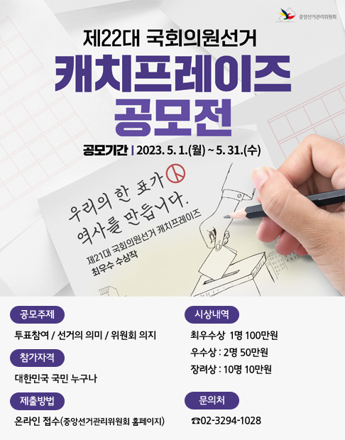 중앙선거관리위원회 제22대 국회의원선거 캐치프레이즈 공모전 공모기간 | 2023. 5. 1.(월) ~ 5. 31.(수) 우리의 한 표가 역사를 만듭니다. 제 21대 국회의원선거 캐치프레이즈 최우수 수상작 공모주제 : 투표참여 / 선거의 의미 / 위원회 의지 참가자격 : 대한민국 국민 누구나 제출방법 : 온라인 접수(중앙선거관리위원회 홈페이지) 시상내역 - 최우수상 : 1명 100만원 우수상 : 2명 50만원 장려상 : 10명 10만원 문의처 ☎02-3294-1028